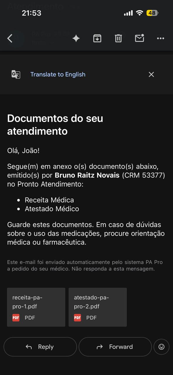 E-mail recebido pelo paciente com receita e atestado em PDF anexados